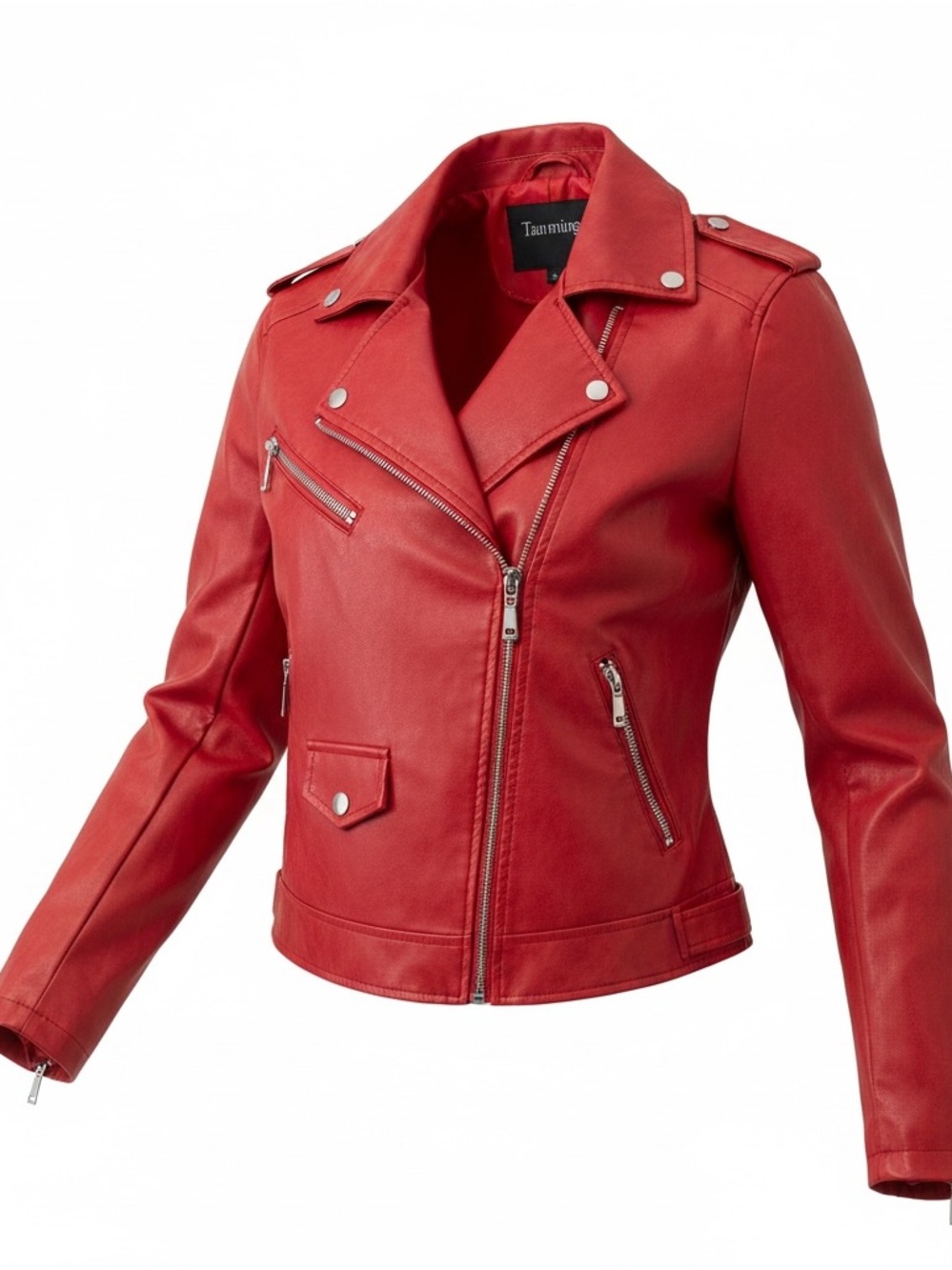 Red Faux Leather Moto Jacket with Silver Hardware